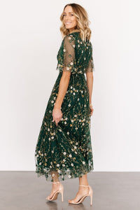Arabella Embroidered Tulle Maxi Dress | Dark Green Floral | Baltic Born