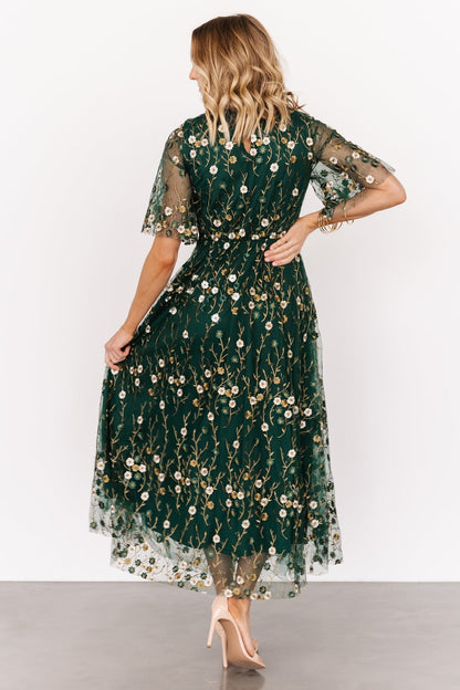 Arabella Embroidered Tulle Maxi Dress | Dark Green Floral - Baltic Born