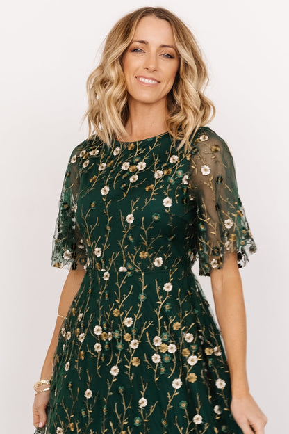 Arabella Embroidered Tulle Maxi Dress | Dark Green Floral - Baltic Born