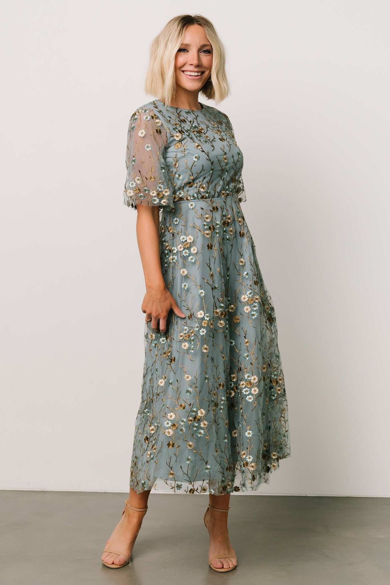 Arabella Embroidered Tulle Maxi Dress | Dusty Blue Floral - Baltic Born