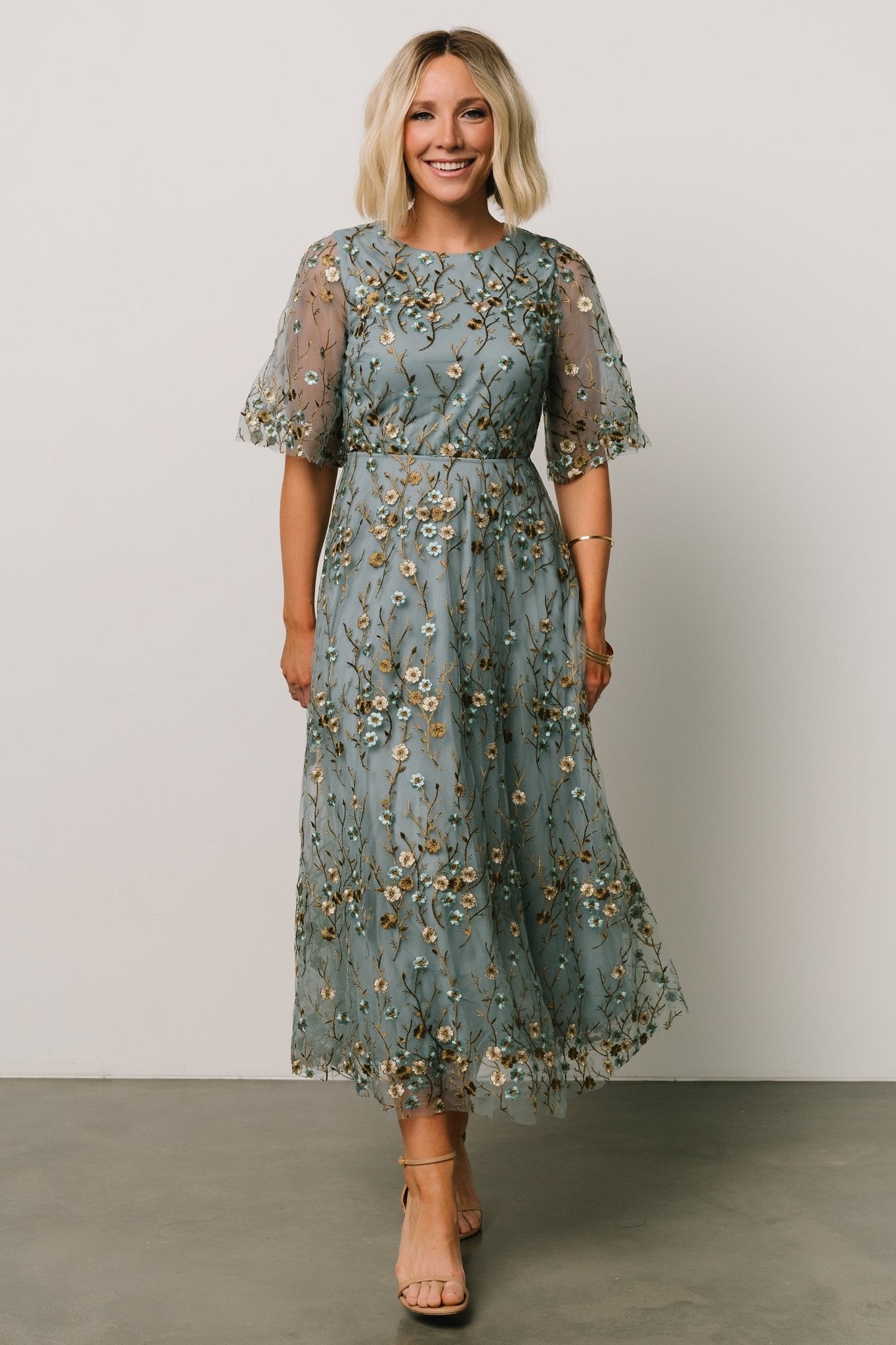 Arabella Embroidered Tulle Maxi Dress | Dusty Blue Floral - Baltic Born