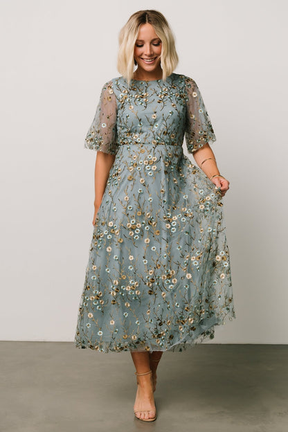 Arabella Embroidered Tulle Maxi Dress | Dusty Blue Floral - Baltic Born