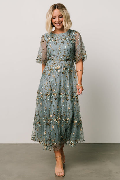 Arabella Embroidered Tulle Maxi Dress | Dusty Blue Floral - Baltic Born