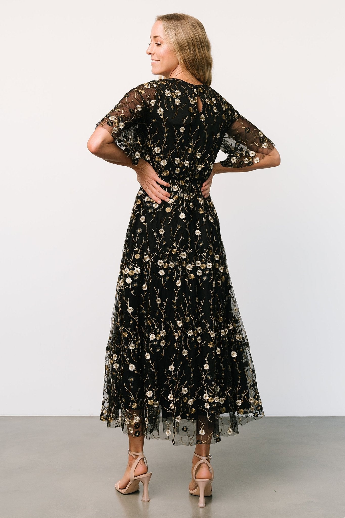 Arabella Embroidered Tulle Maxi Dress | Gold + Black - Baltic Born