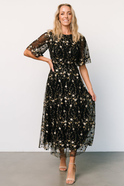 Arabella Embroidered Tulle Maxi Dress | Gold + Black - Baltic Born