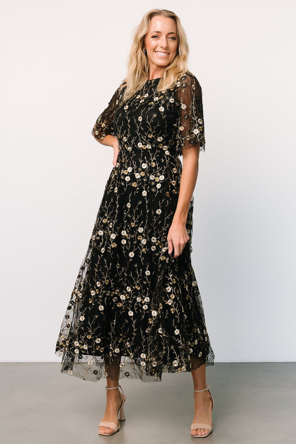 Arabella Embroidered Tulle Maxi Dress | Gold + Black | Baltic Born
