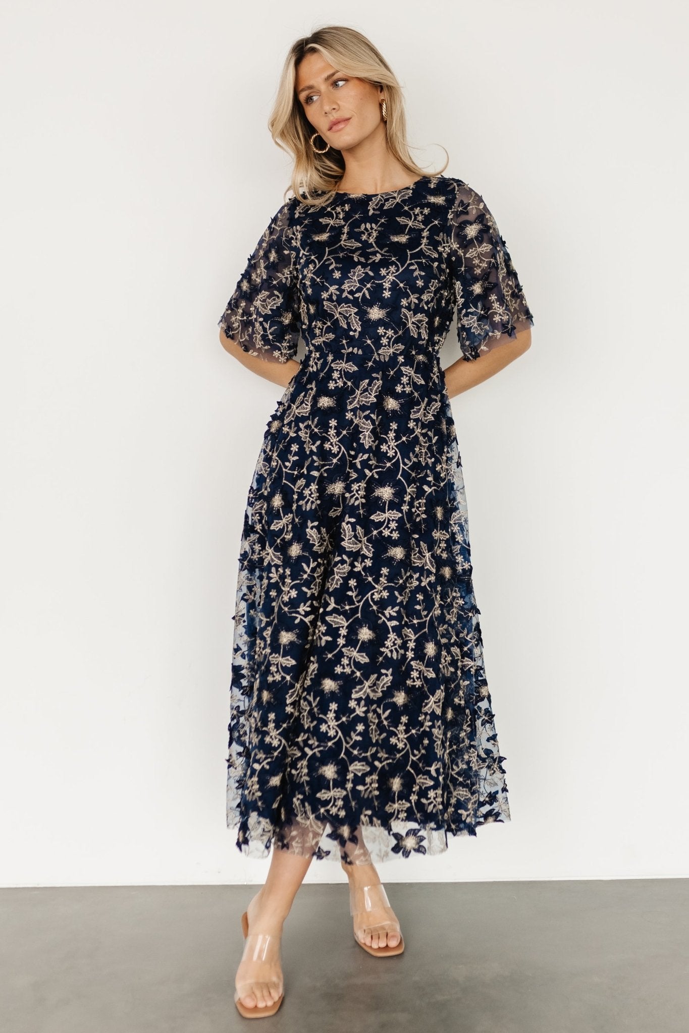 Arabella Embroidered Tulle Maxi Dress | Navy + Gold - Baltic Born