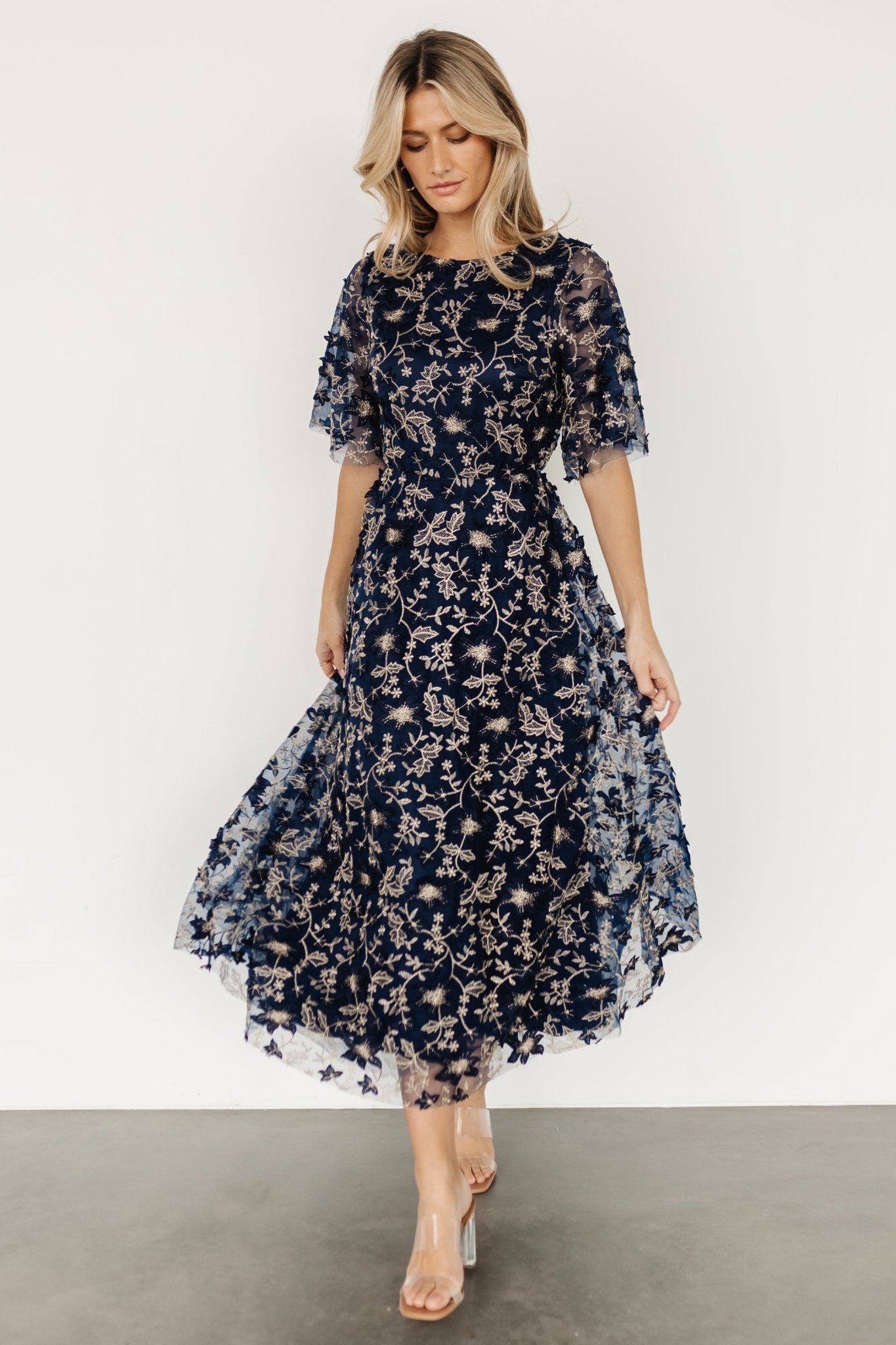 Arabella Embroidered Tulle Maxi Dress | Navy + Gold - Baltic Born