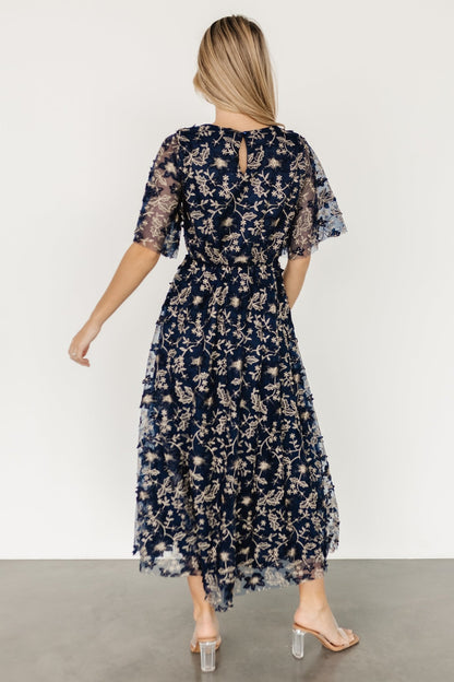 Arabella Embroidered Tulle Maxi Dress | Navy + Gold - Baltic Born