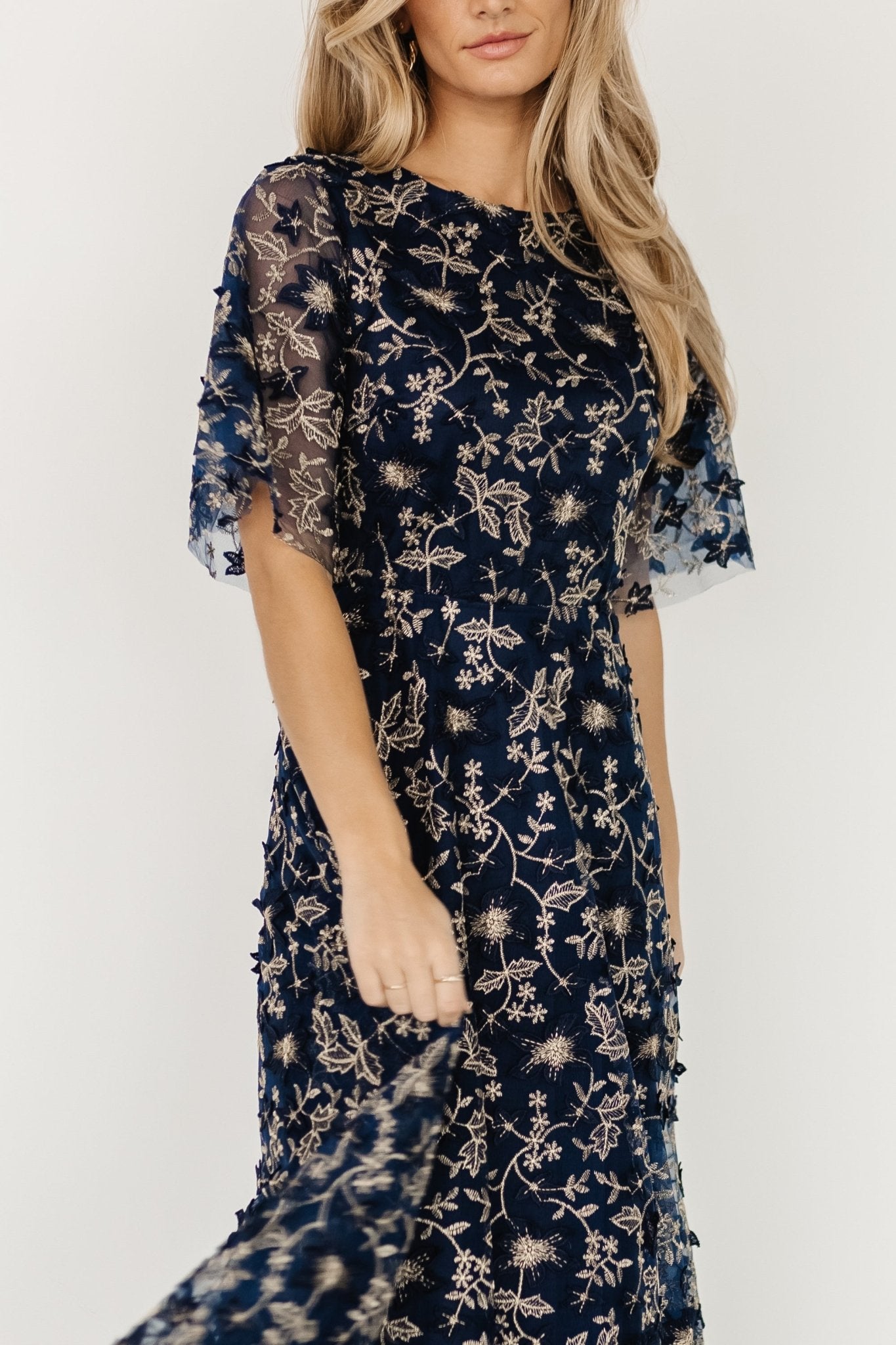 Arabella Embroidered Tulle Maxi Dress | Navy + Gold - Baltic Born