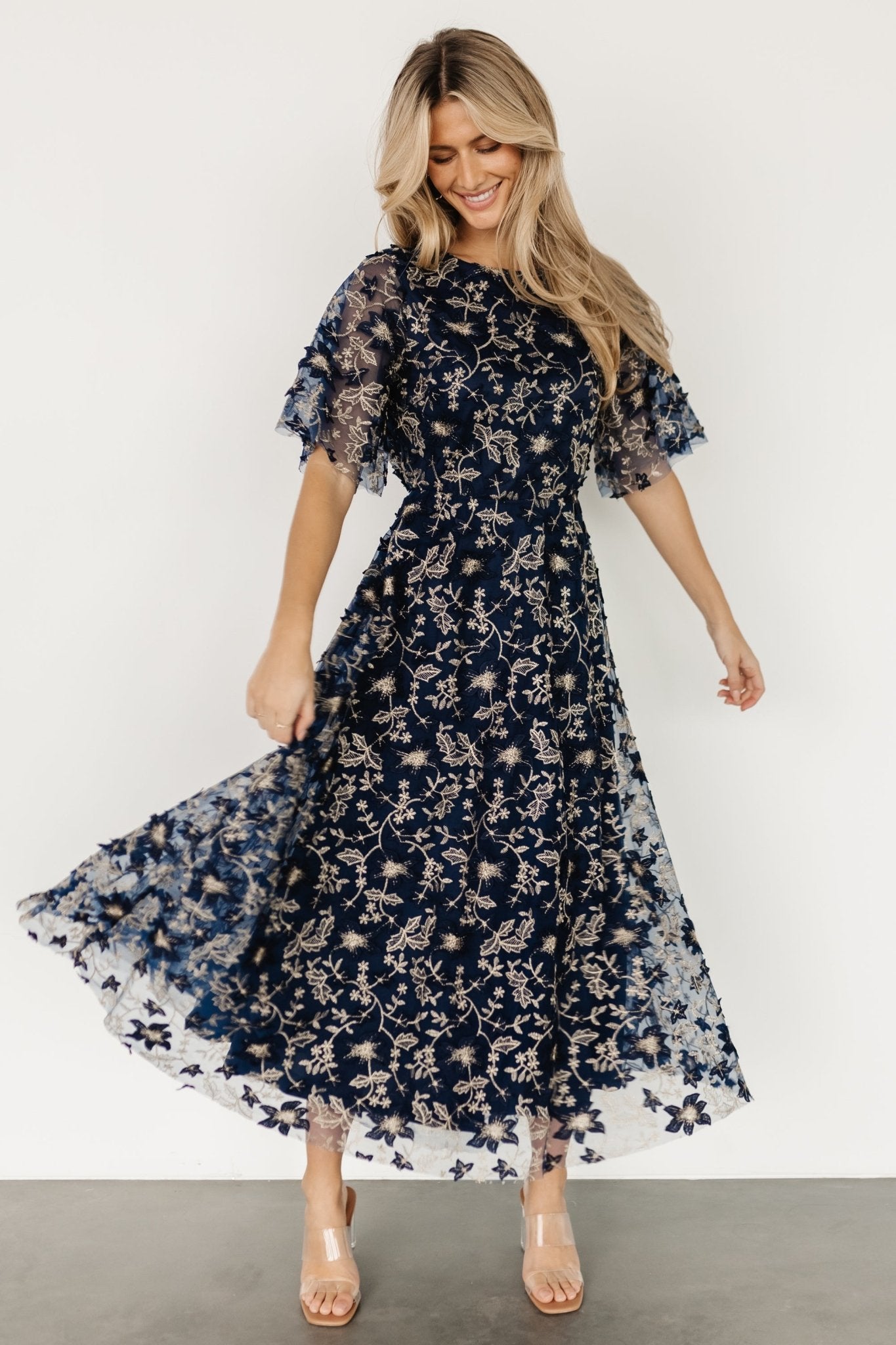 Arabella Embroidered Tulle Maxi Dress | Navy + Gold - Baltic Born