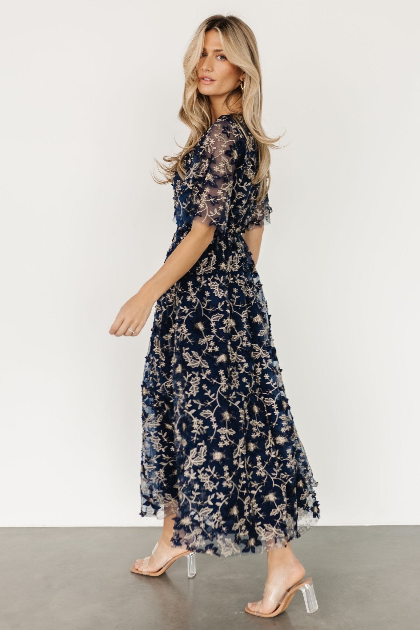 Arabella Embroidered Tulle Maxi Dress | Navy + Gold - Baltic Born