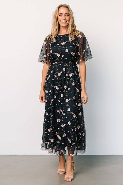 Arabella Embroidered Tulle Maxi Dress | Pink + Navy - Baltic Born