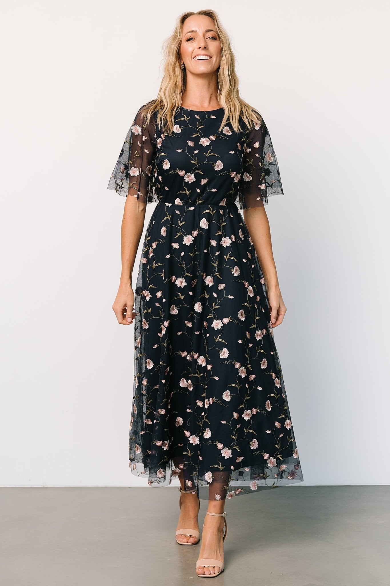 Arabella Embroidered Tulle Maxi Dress | Pink + Navy - Baltic Born