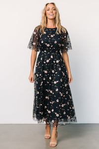 Arabella Embroidered Tulle Maxi Dress | Black + Red | Baltic Born