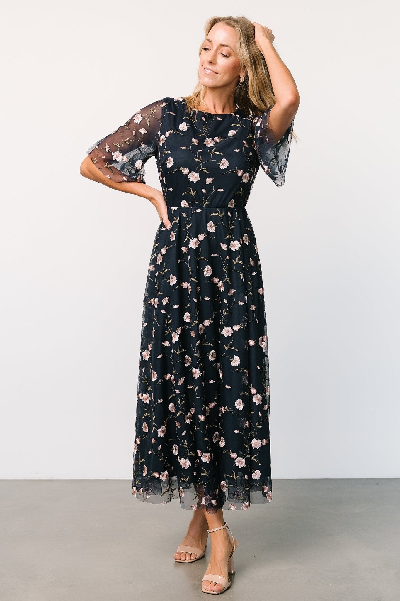 Arabella Embroidered Tulle Maxi Dress | Pink + Navy - Baltic Born