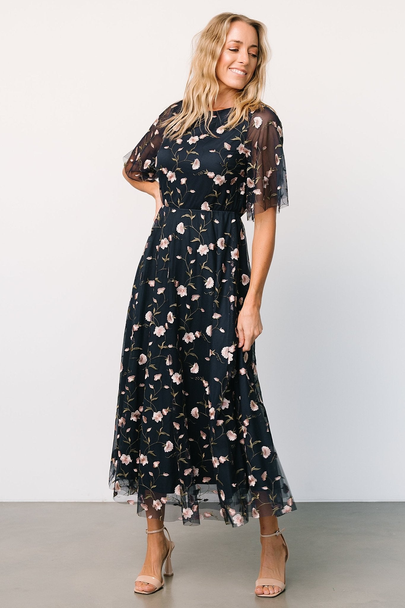 Arabella Embroidered Tulle Maxi Dress | Pink + Navy - Baltic Born