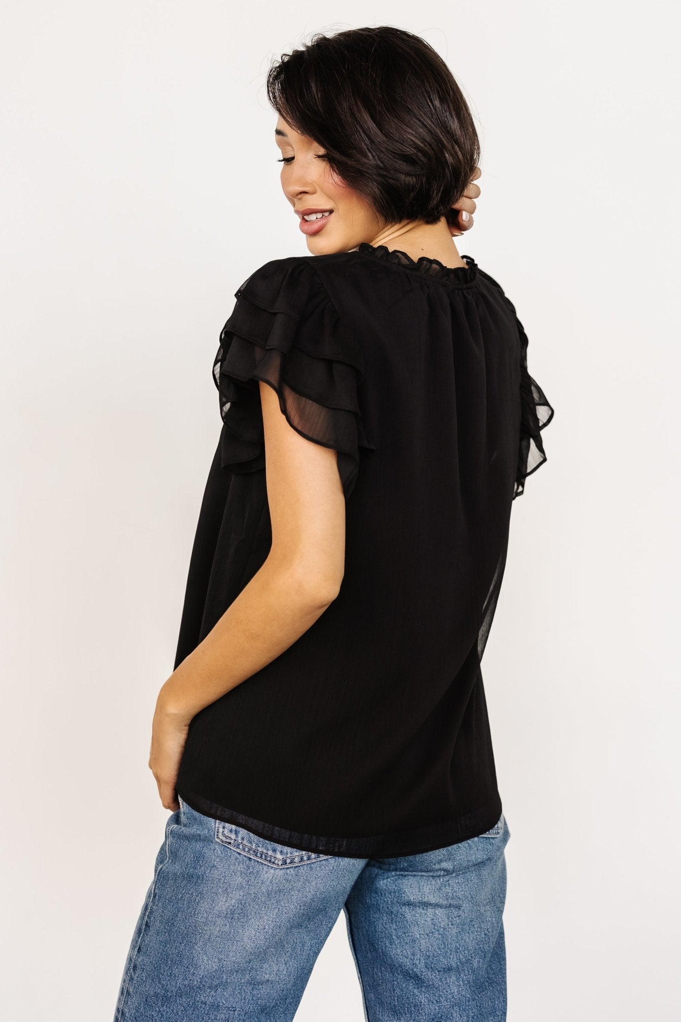 Asher Ruffle Sleeve Top | Black - Baltic Born