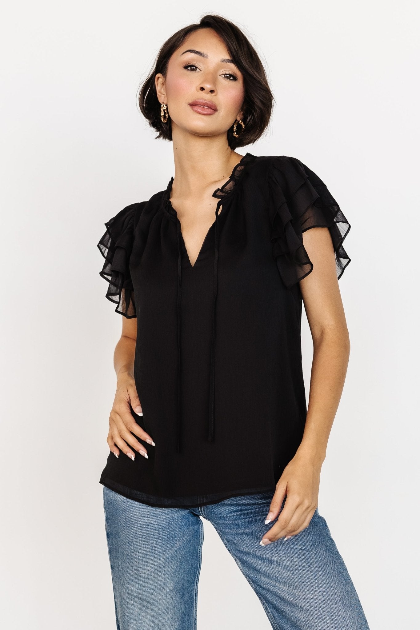 Asher Ruffle Sleeve Top | Black | Baltic Born