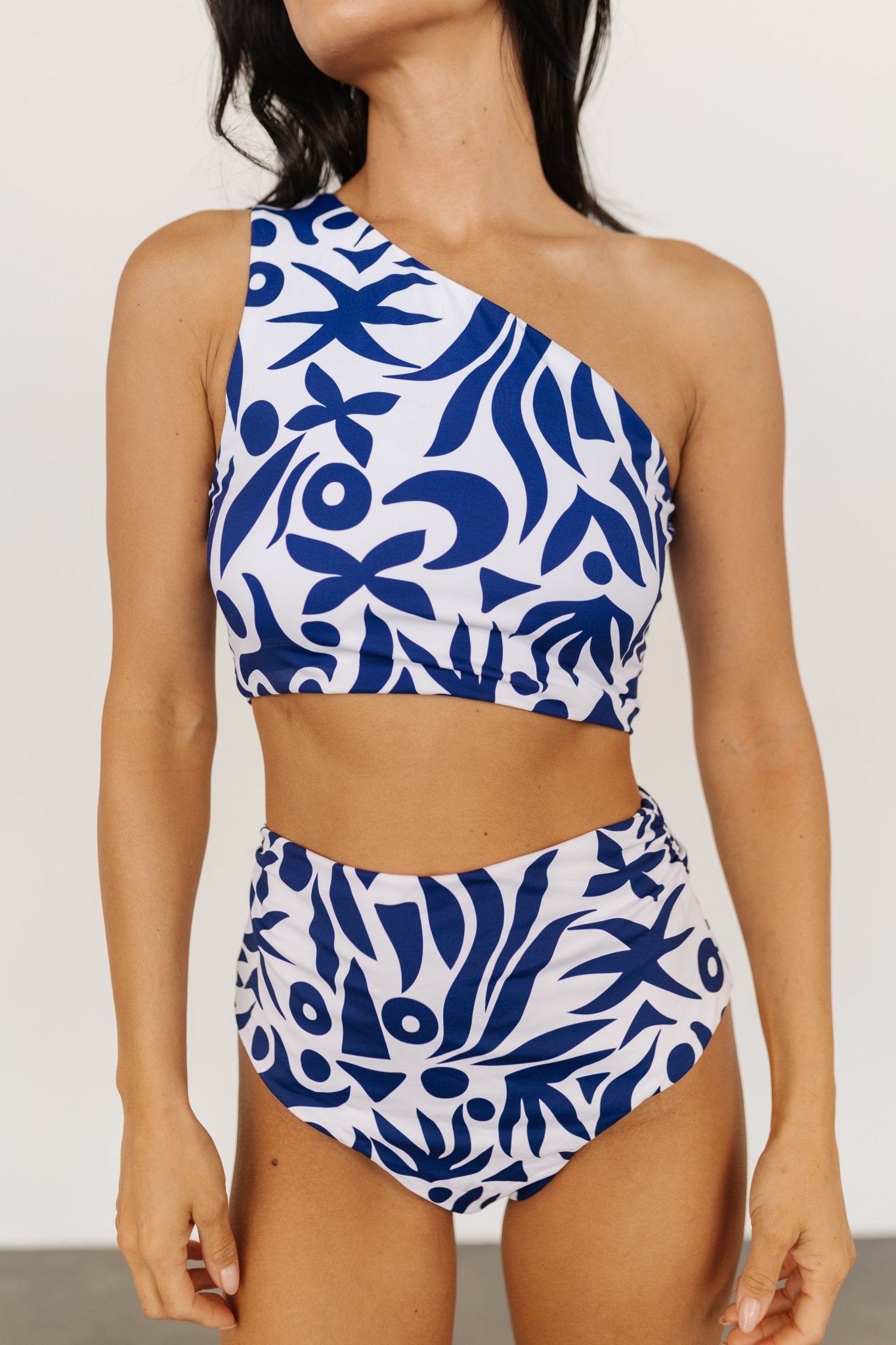 Bali One Shoulder Bikini Top | White + Navy - Baltic Born