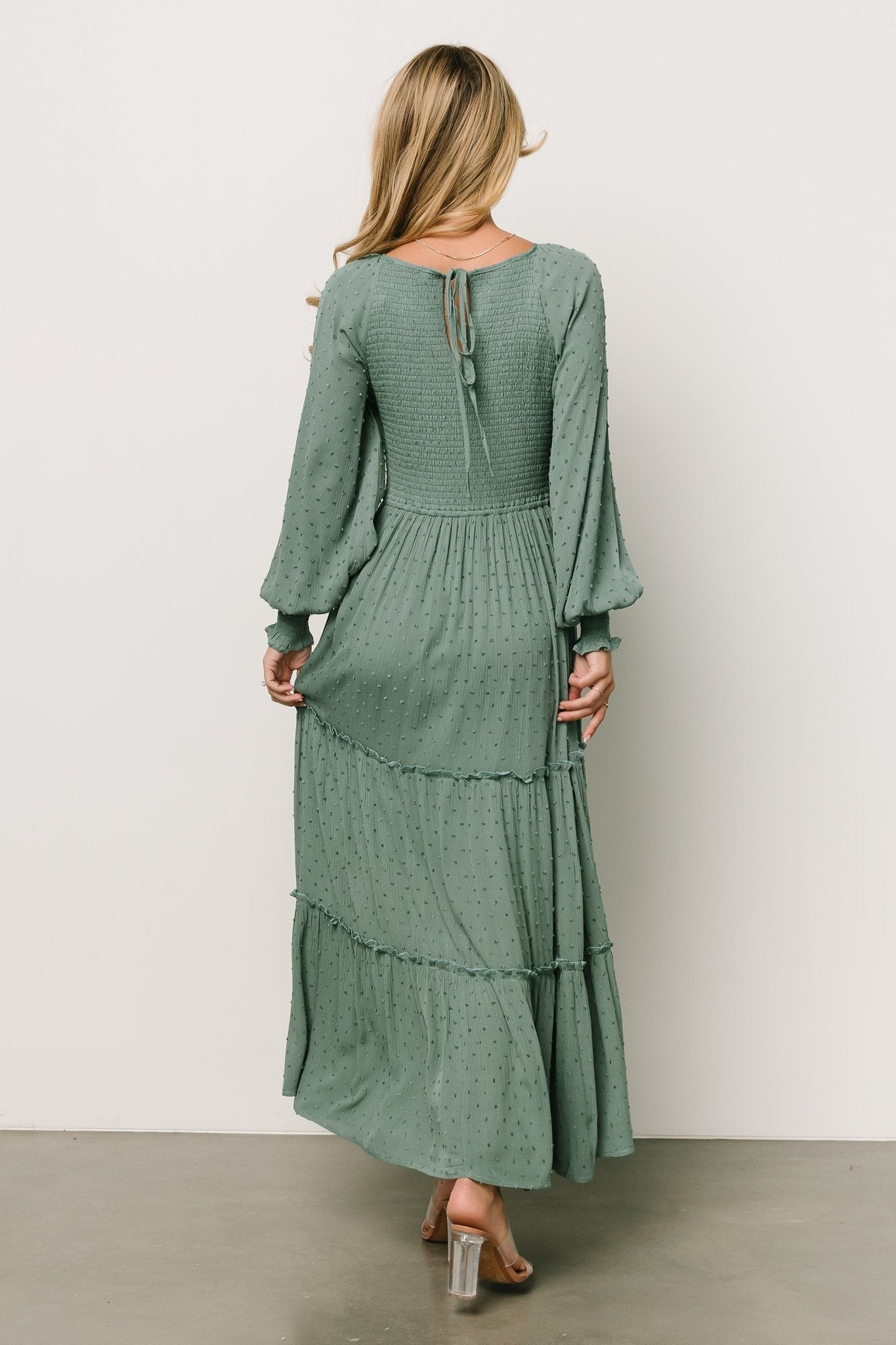 Bayley Smocked Dotted Maxi Dress | Dark Eucalyptus - Baltic Born