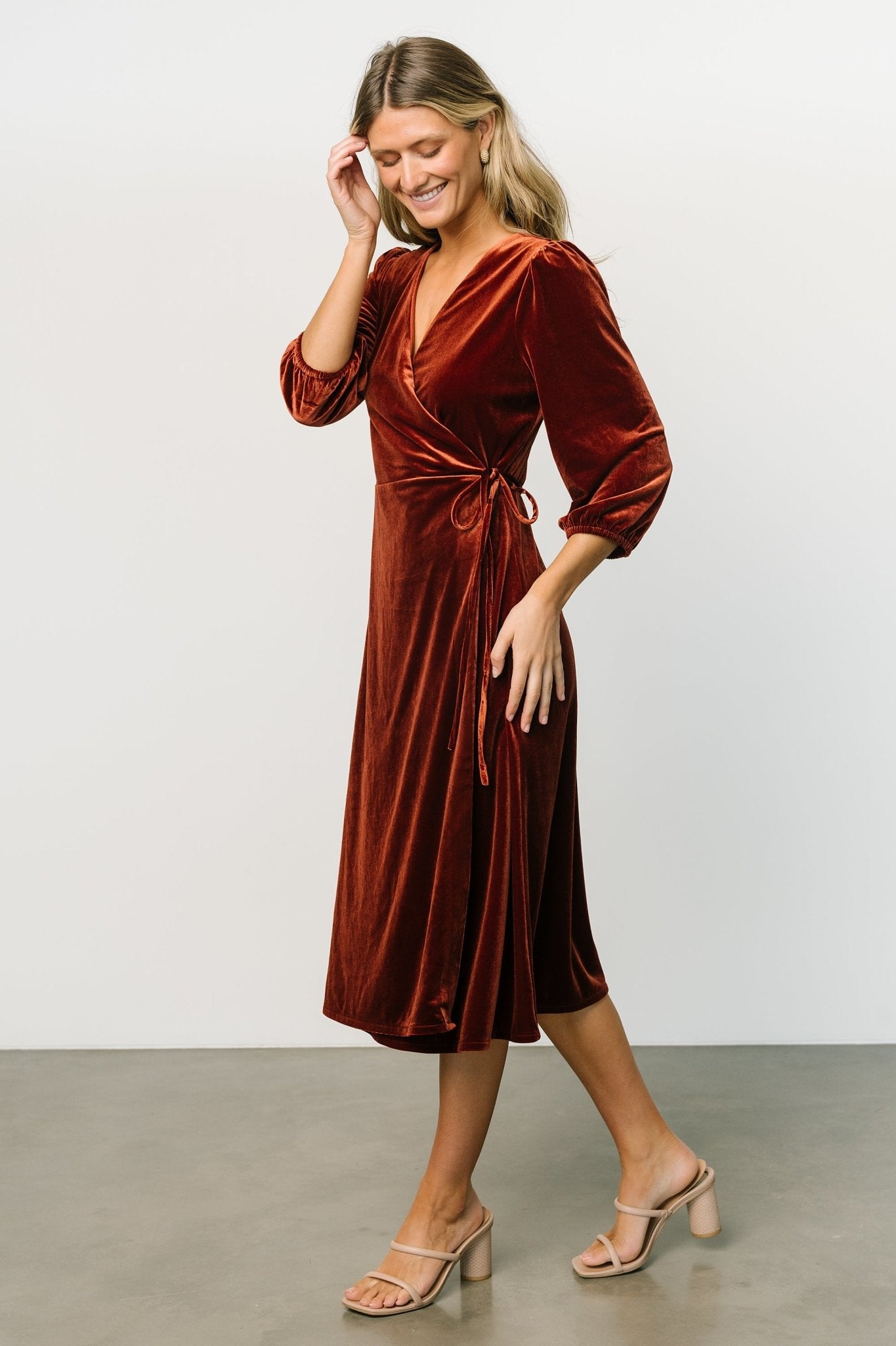 Velvet wrap midi dress sales