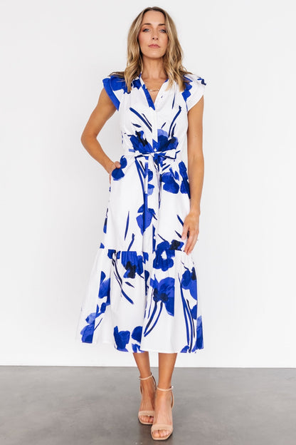 Blakely Button Dress | White + Cobalt - Baltic Born