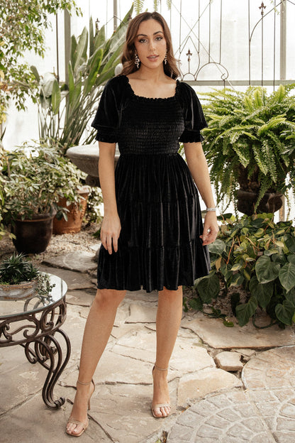 Bliss Smocked Velvet Short Dress | Black - Baltic Born