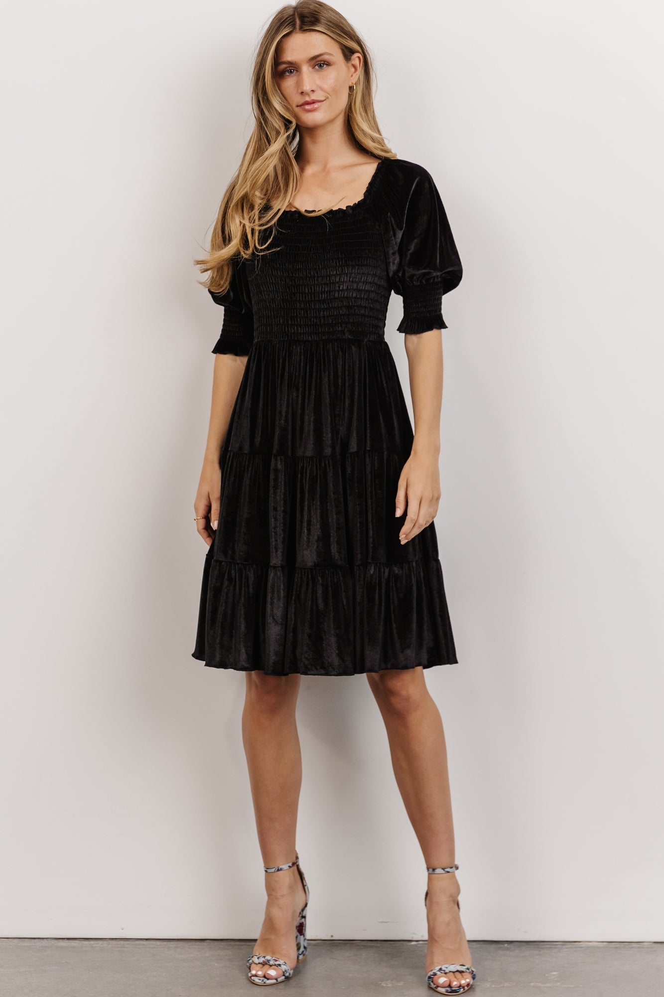 Bliss Smocked Velvet Short Dress | Black - Baltic Born