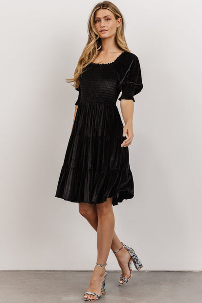 Bliss Smocked Velvet Short Dress | Black - Baltic Born