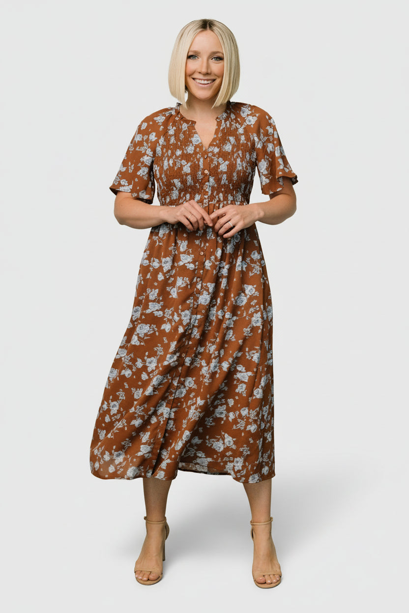 BORAGE MIDI dress - brown with red butis