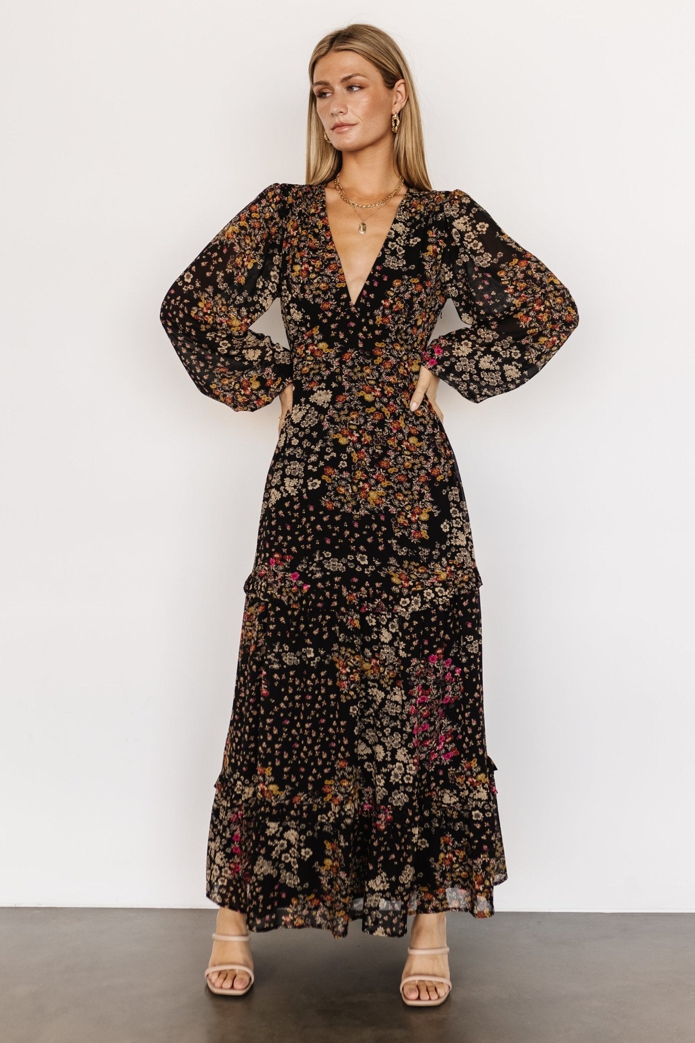 Bowman Deep V Maxi Dress | Black Multi - Baltic Born