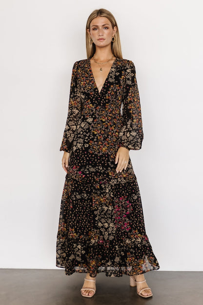 Bowman Deep V Maxi Dress | Black Multi - Baltic Born