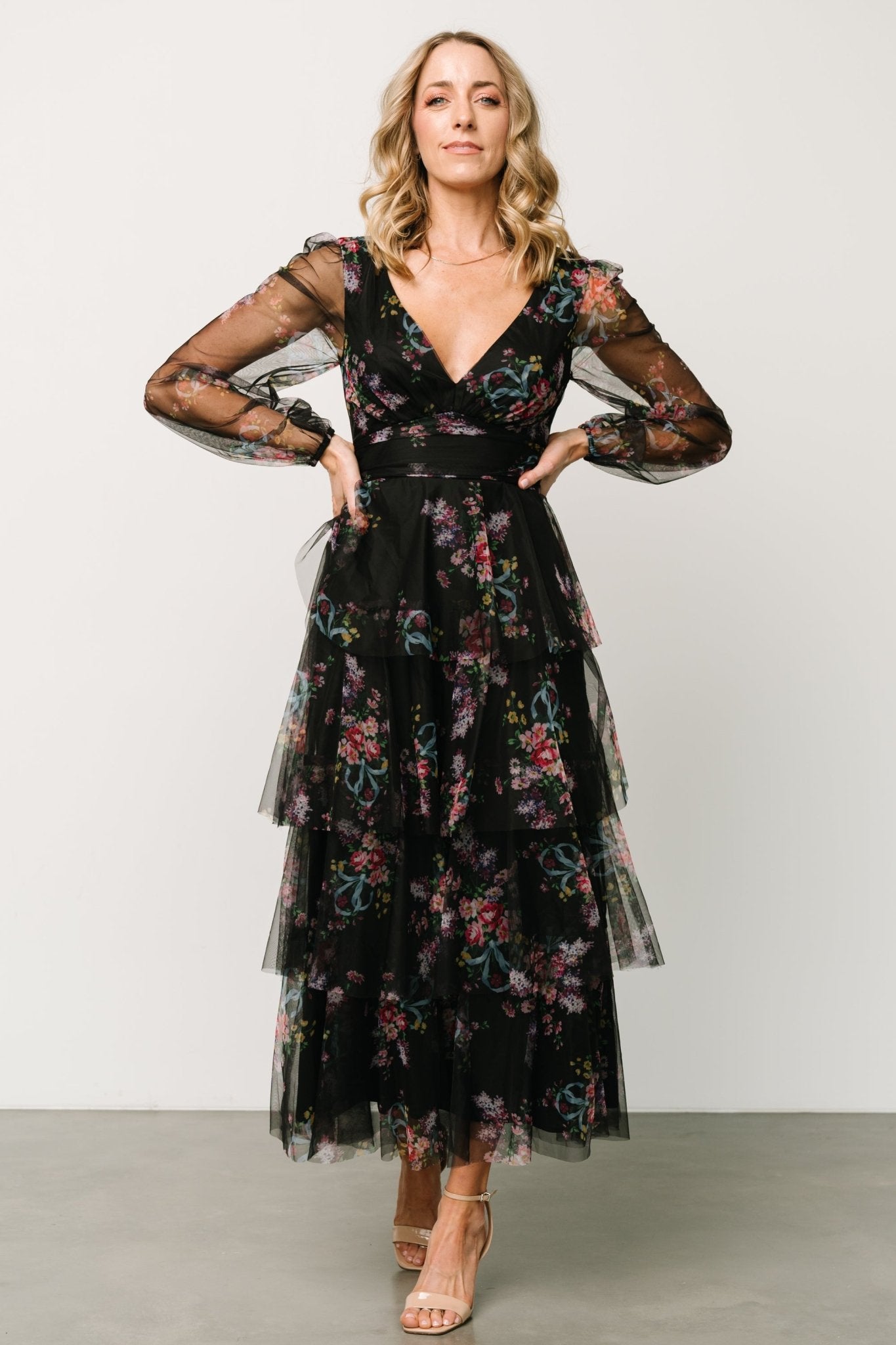 Carolina Tulle Tiered Maxi Dress | Black Floral - Baltic Born