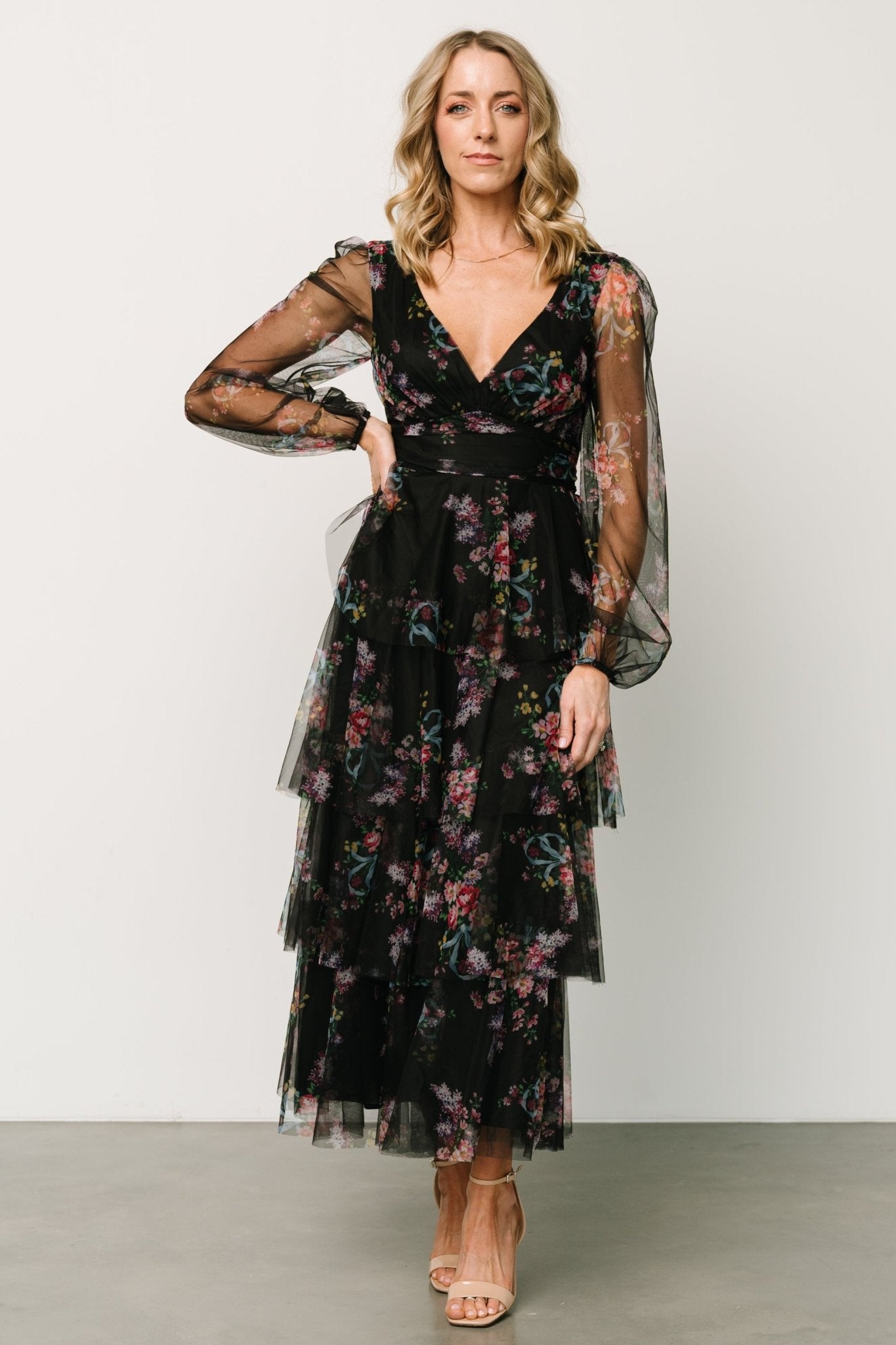 Carolina Tulle Tiered Maxi Dress | Black Floral - Baltic Born