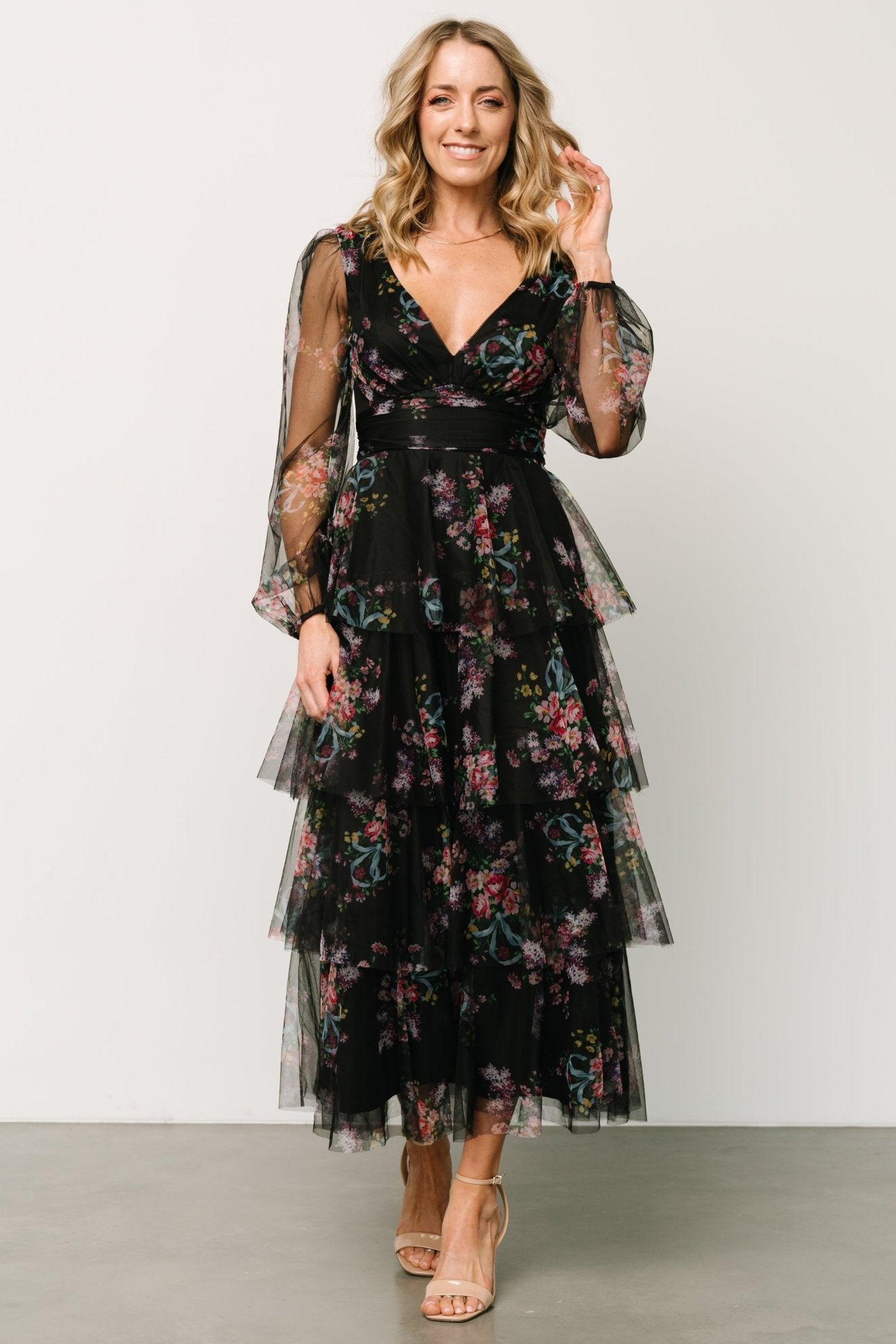 Carolina Tulle Tiered Maxi Dress | Black Floral - Baltic Born