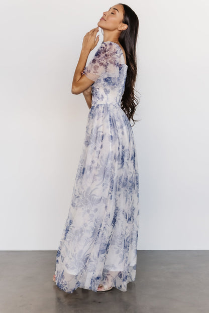 Cassandra Tulle Maxi Dress | Blue + White Floral - Baltic Born