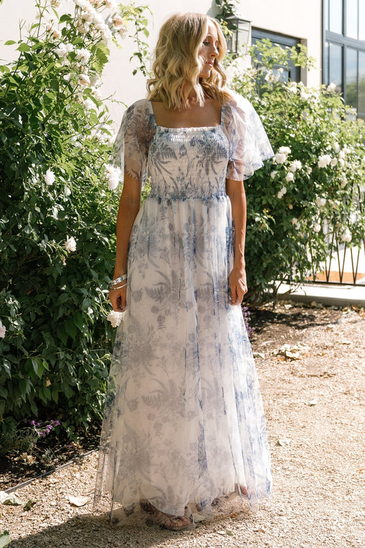 Cassandra Tulle Maxi Dress | Blue + White Floral - Baltic Born