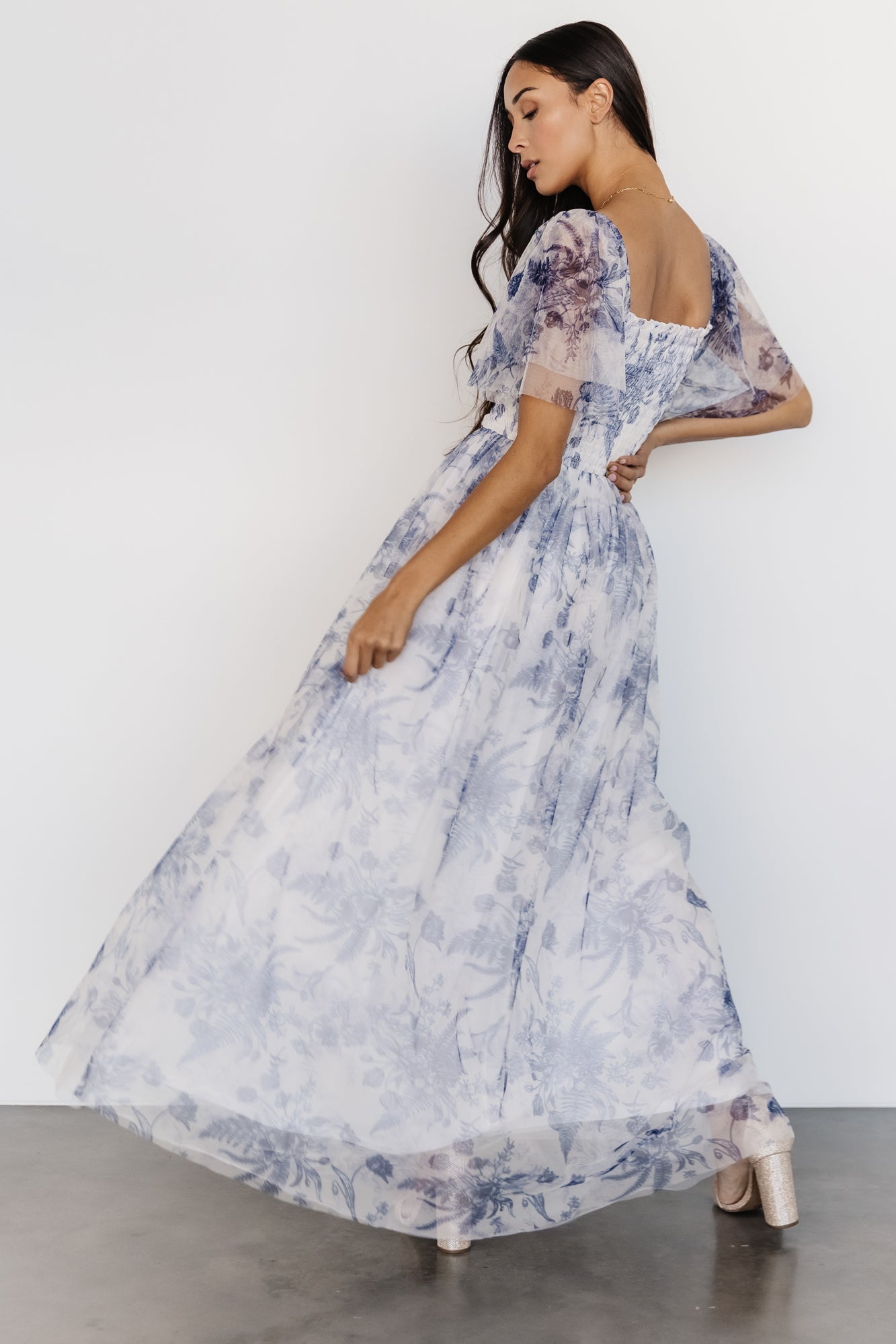 Cassandra Tulle Maxi Dress | Blue + White Floral - Baltic Born