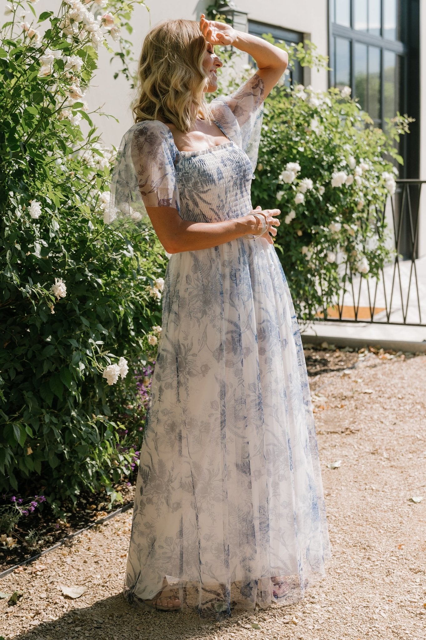 Cassandra Tulle Maxi Dress | Blue + White Floral - Baltic Born