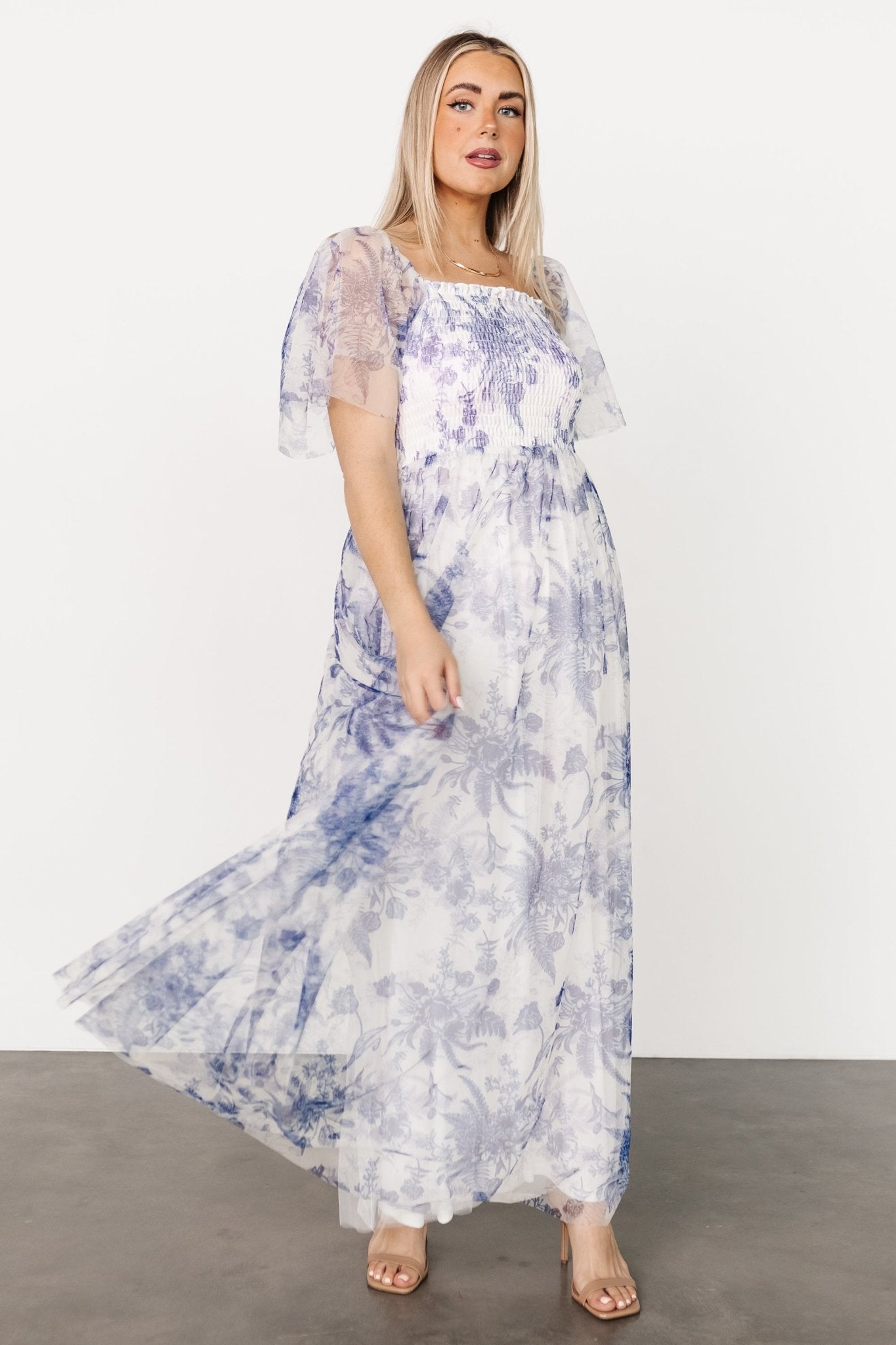 Cassandra Tulle Maxi Dress | Blue + White Floral - Baltic Born