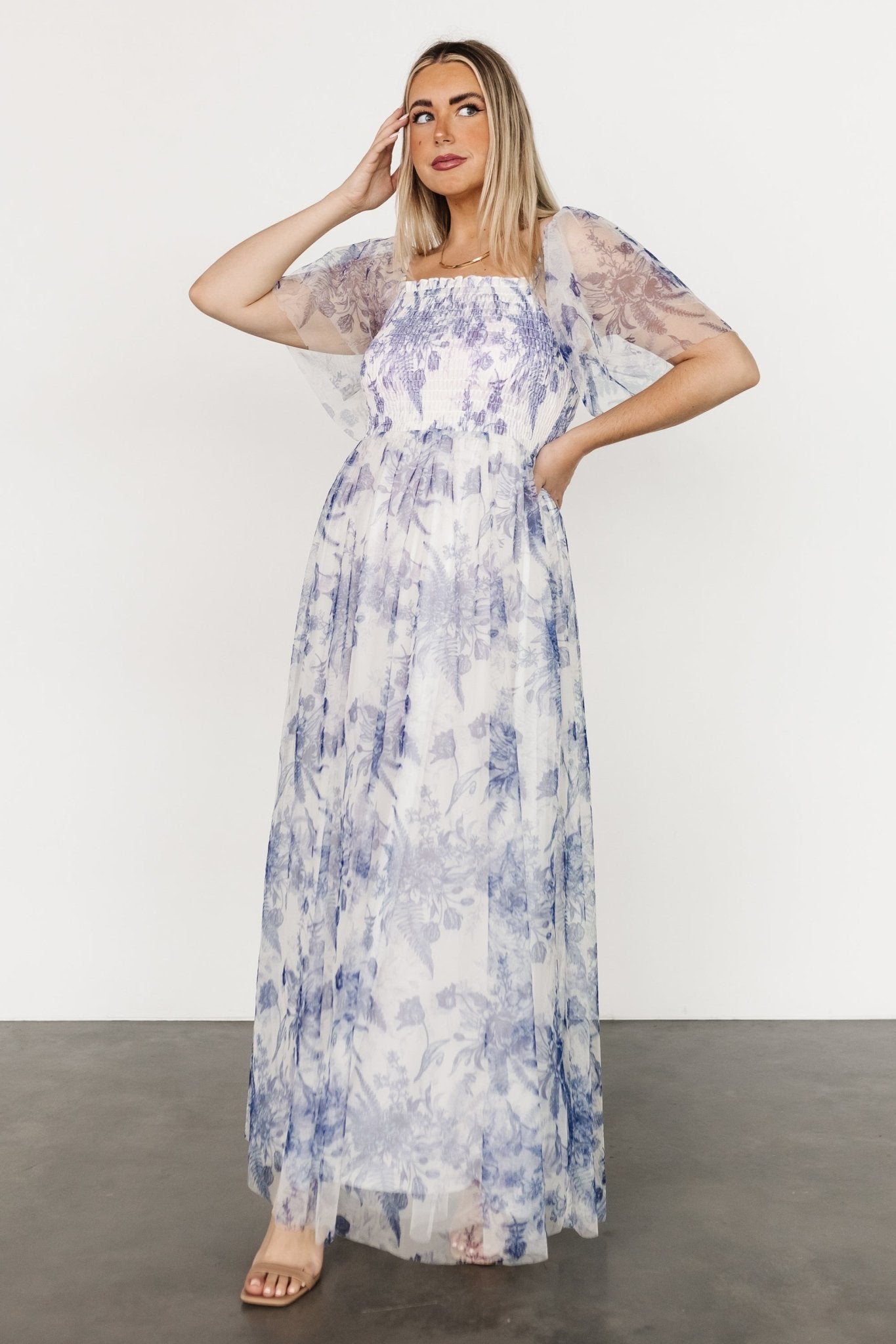 Cassandra Tulle Maxi Dress | Blue + White Floral - Baltic Born