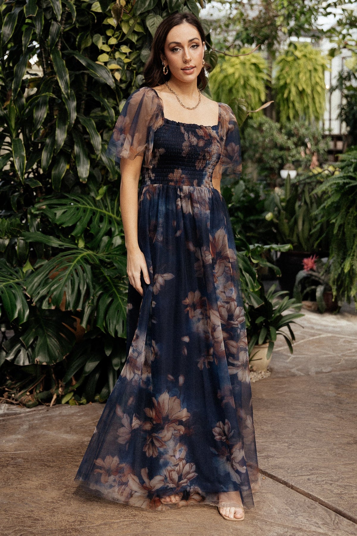 Cassandra Tulle Maxi Dress, Dark Blue Floral