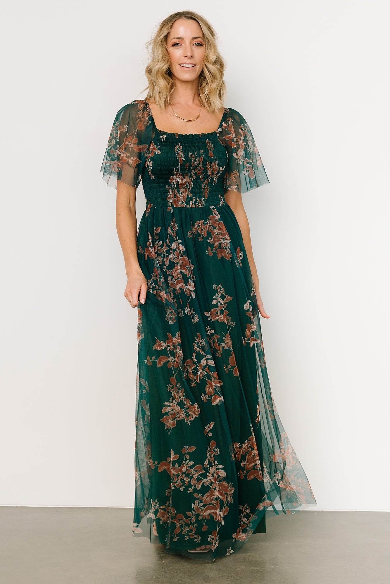 Cassandra Tulle Maxi Dress | Green + Bronze Floral - Baltic Born