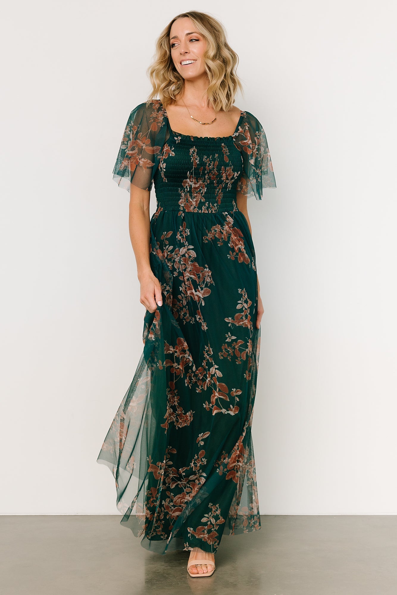 Cassandra Tulle Maxi Dress | Green + Bronze Floral - Baltic Born