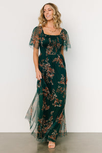 Cassandra Tulle Maxi Dress | Green + Bronze Floral | Baltic Born