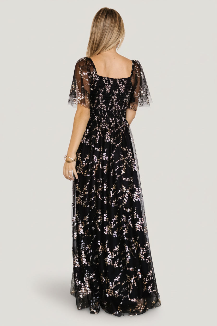 Cassandra Tulle Maxi Dress, Metallic Black