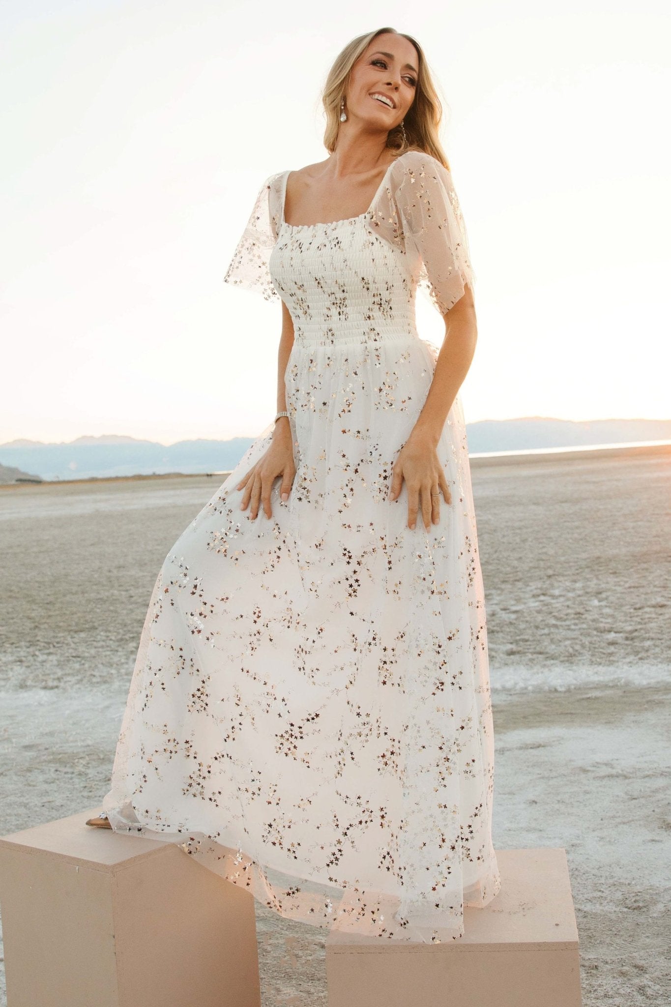 Cassandra Tulle Maxi Dress | Metallic White - Baltic Born