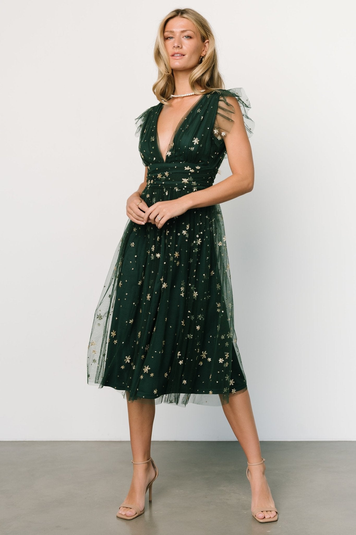 Chiara Shimmer Midi Dress | Green + Gold - Baltic Born