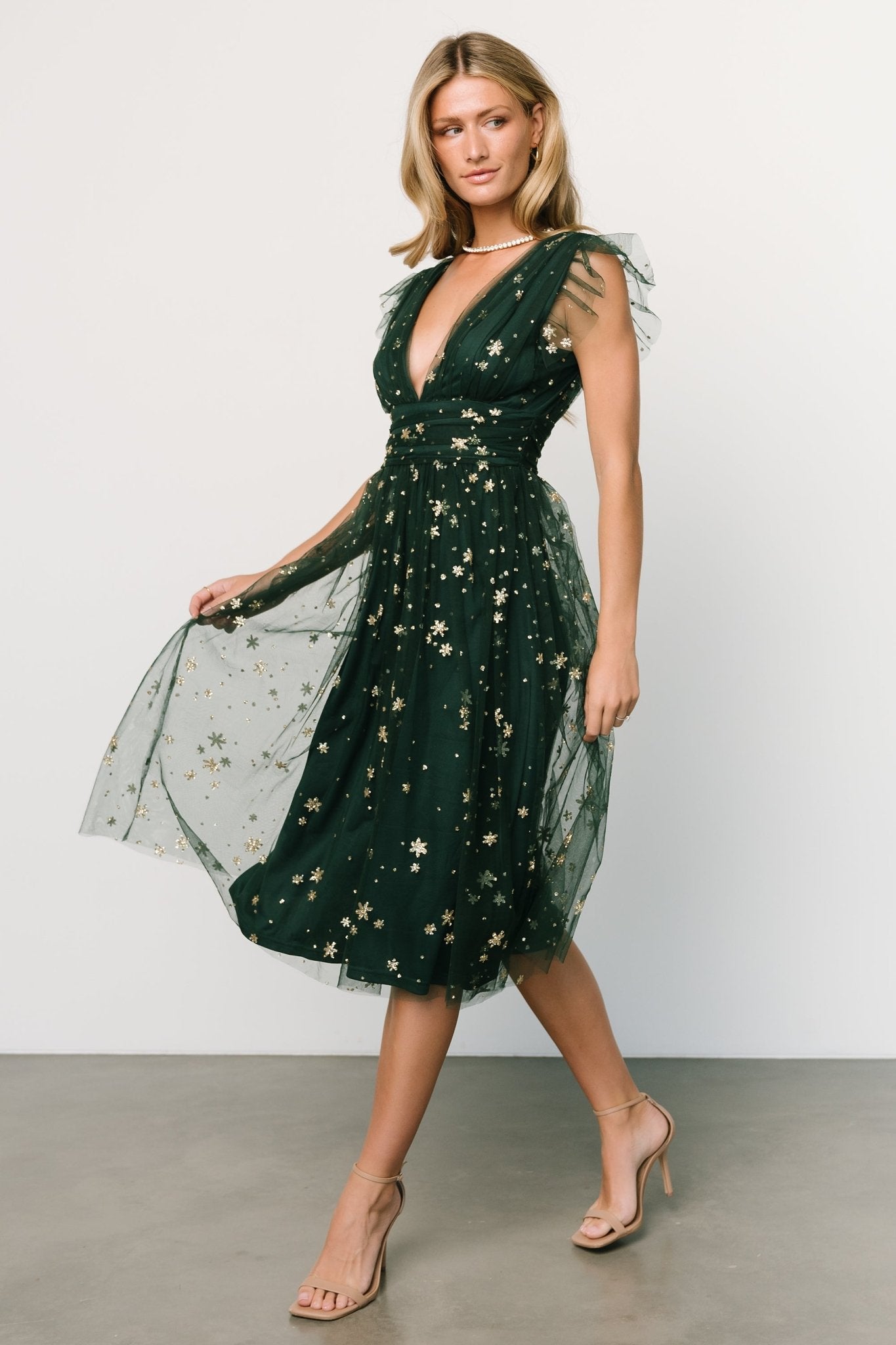 Chiara Shimmer Midi Dress | Green + Gold - Baltic Born